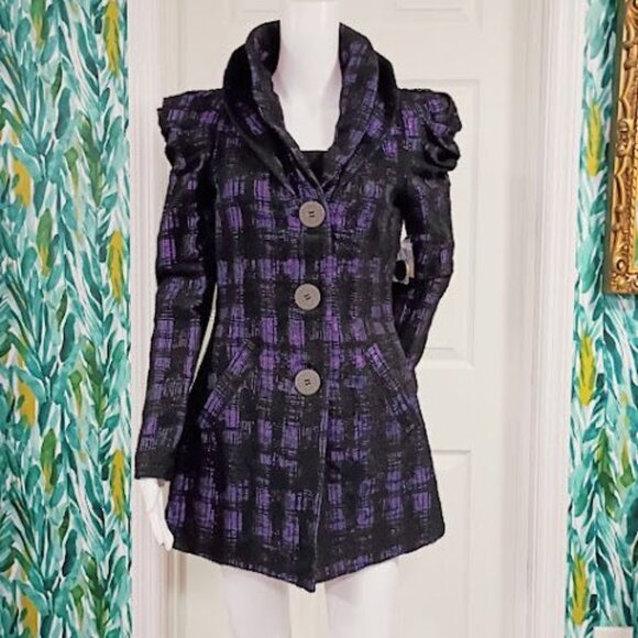 Samuel Dong Womens Purple & Black Plaid Puff Sleeve Coat Size S - Picture 3 of 16